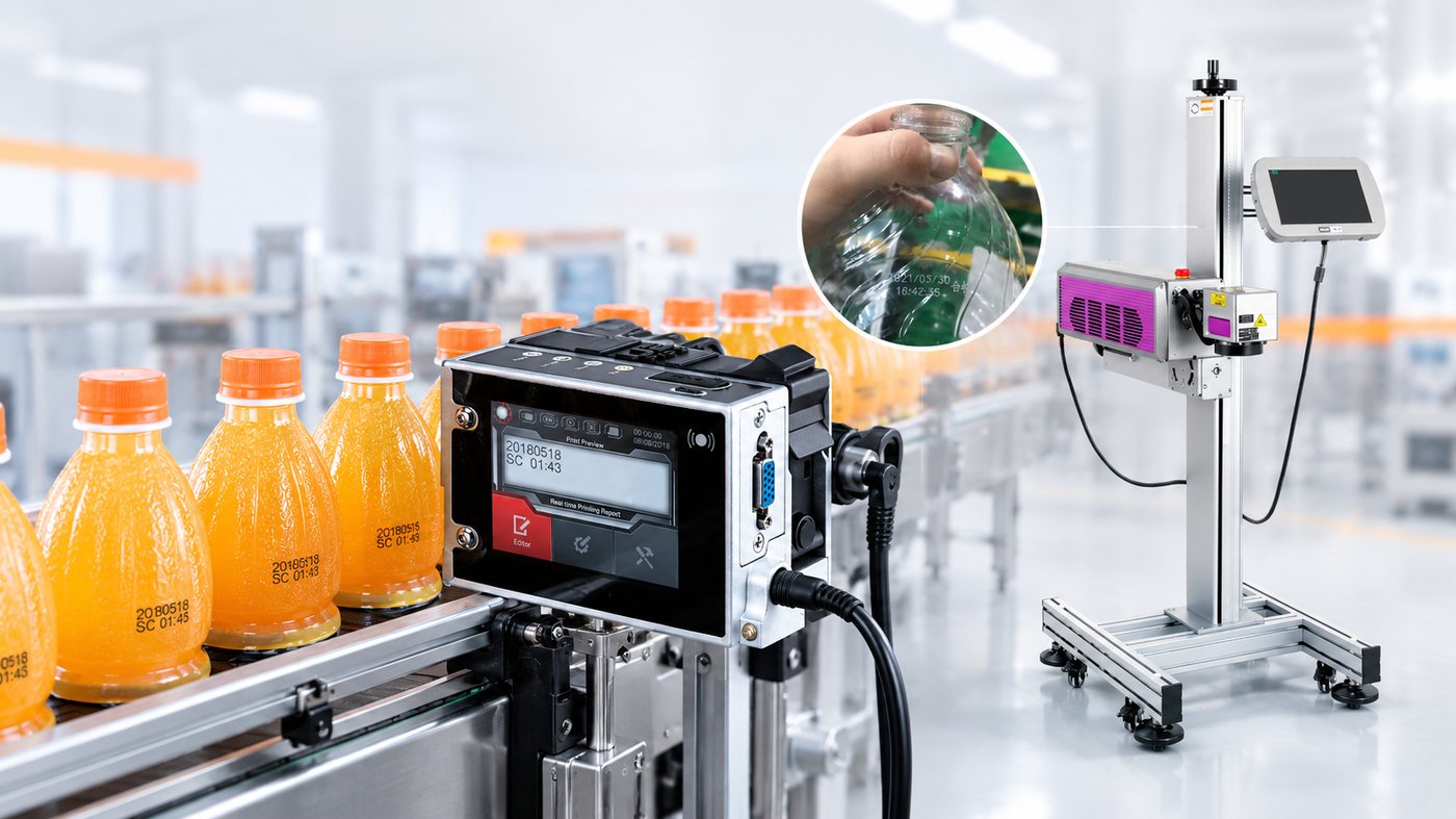 CIJ inkjet coder and laser marking machine on a production line