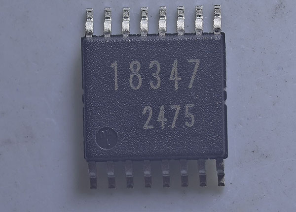 Macro close-up of ROHM Semiconductor BD18347EFV-ME2 chip showing top laser marking 18347 and date code 2475.