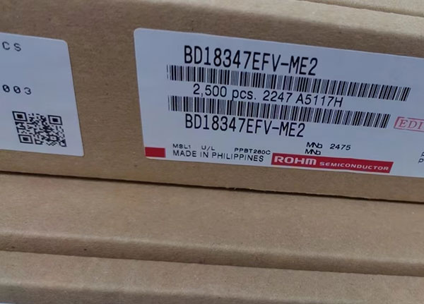 Close-up of ROHM Semiconductor product label showing part number BD18347EFV-ME2, quantity 2500 pcs, and Philippines origin.