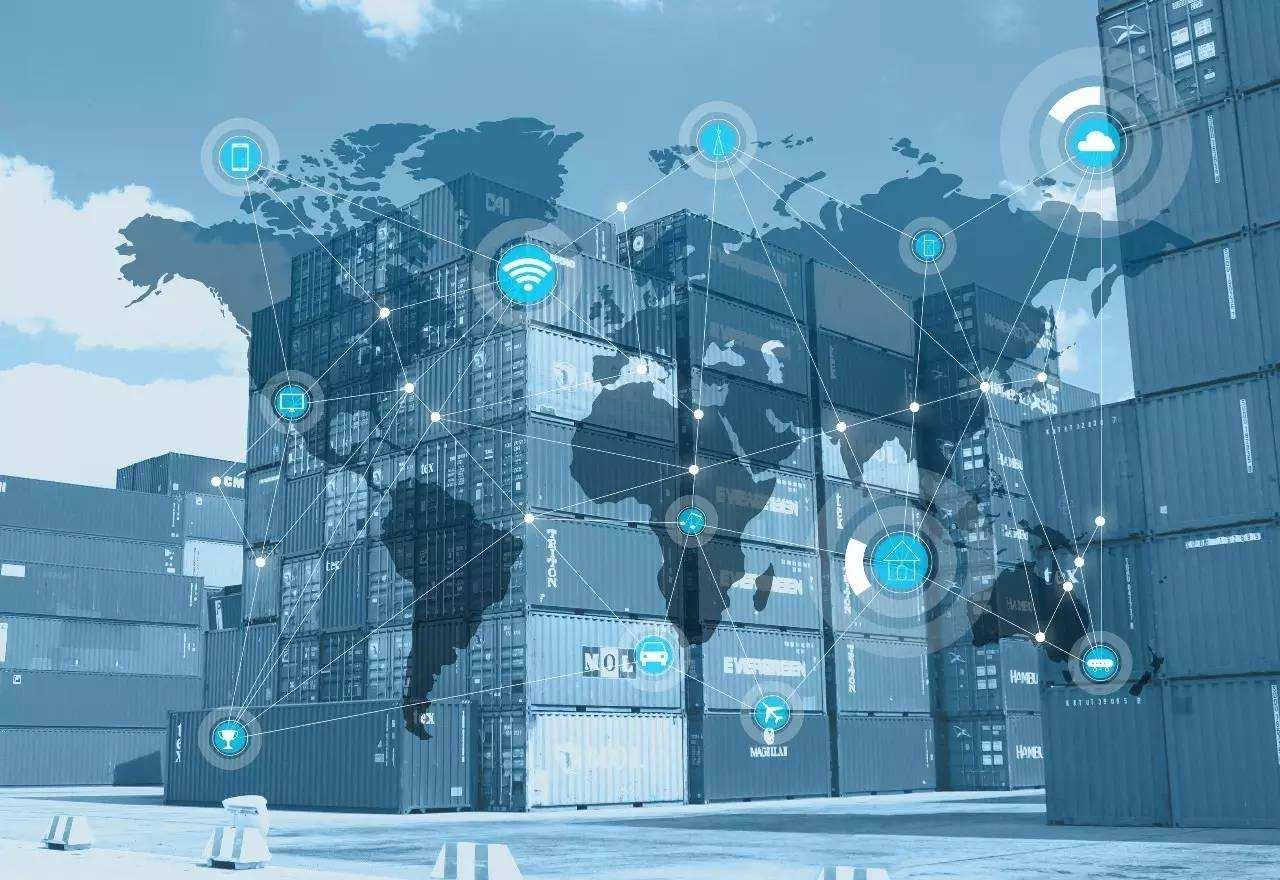 Global supply chain management concept featuring shipping containers overlaid with a digital world map and IoT network connections.