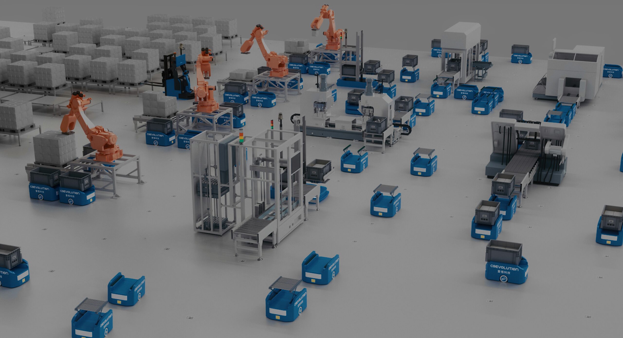 Rows of advanced industrial robots working on a high-tech automated assembly line in a clean room environment.