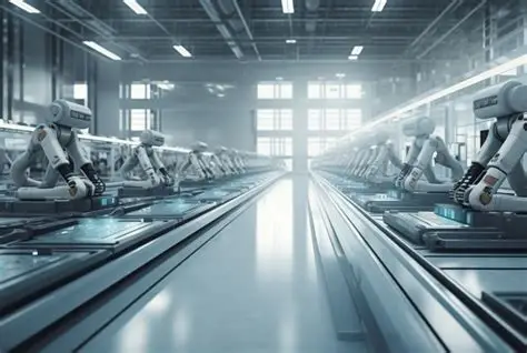 Rows of advanced industrial robots working on a high-tech automated assembly line in a clean room environment.