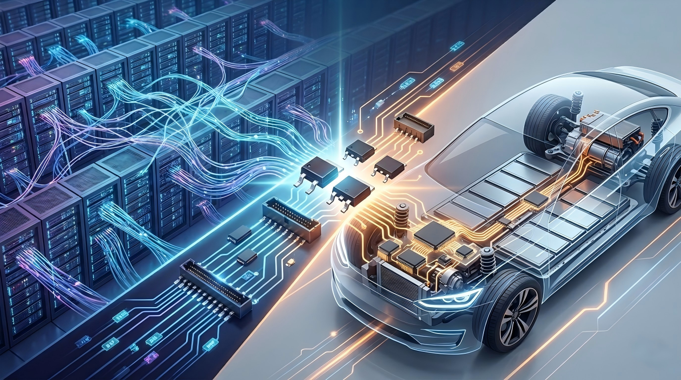 Trusty IC blog cover image visualizing the integration of AI-optimized high-performance computing (servers) with electric vehicle (EV) electronics for logic ICs and power transistor sourcing. 