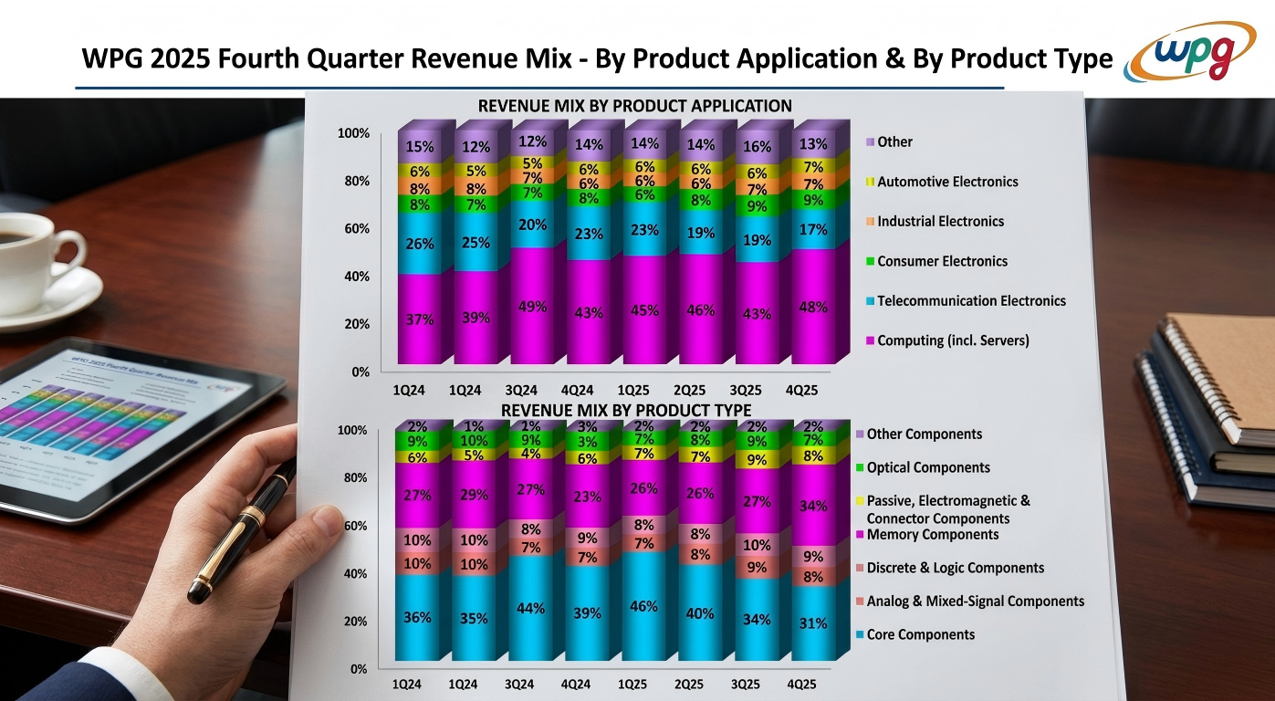 WPG Holdings 2025 financial report chart showing revenue mix by product application like Computing and Automotive, and by product type such as Core and Memory components. 