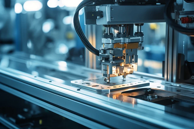 A high-speed robotic arm driven by industrial CPU executing precision machine vision inspection on an electronics manufacturing line.