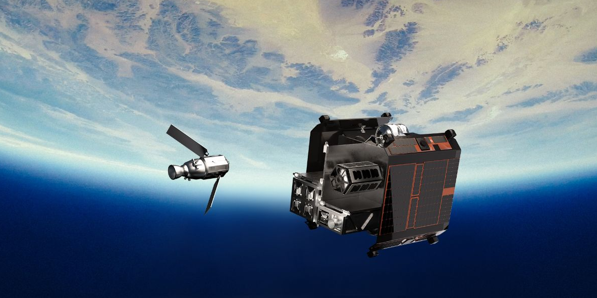 Two modern communication satellites operating in low Earth orbit (LEO) with solar panels deployed against the blue horizon of the Earth.