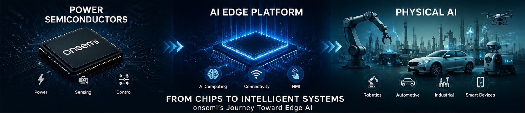 Illustration showing onsemi's transformation from power semiconductors to AI edge platforms and Physical AI applications, including robotics, autonomous vehicles, industrial automation, and smart devices.